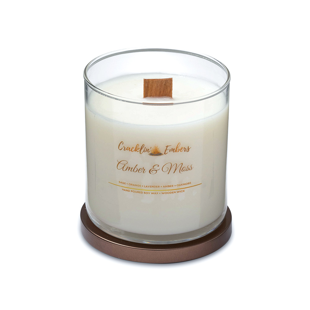 White scented candle in glass jar with wooden wick, Amber & Moss label