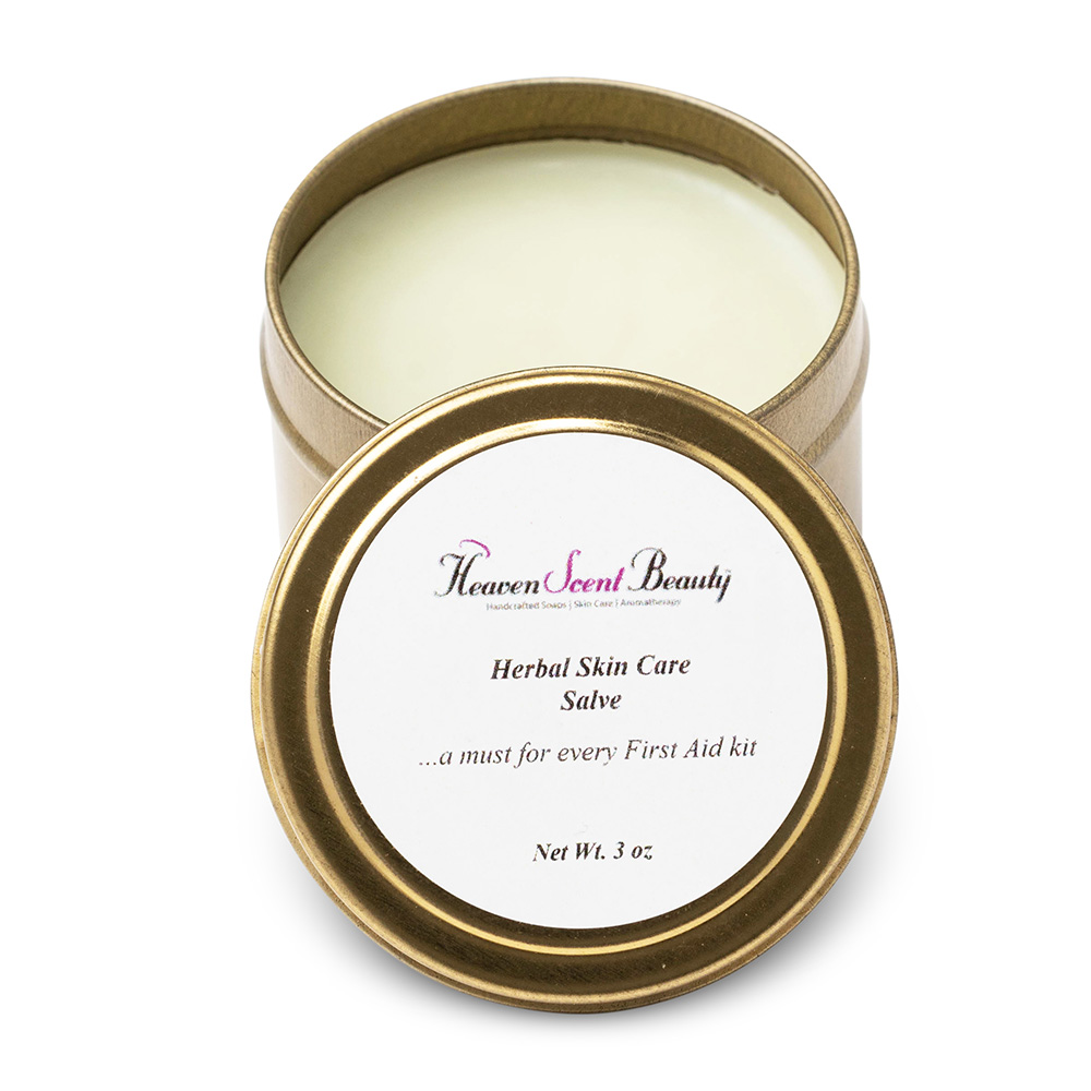 Herbal skin care salve in golden tin with white label
